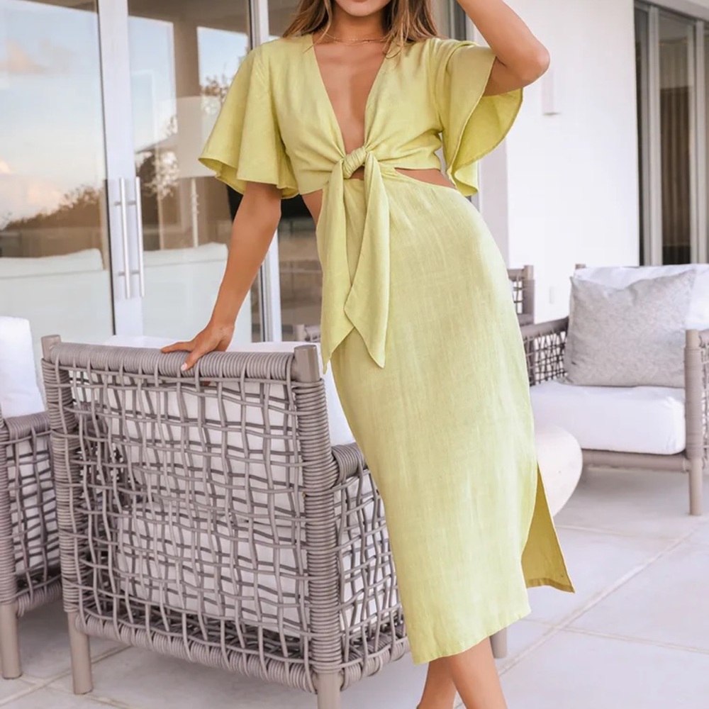 Lulus Summer Journey Light Green Tie-Front Cutout Midi Dress